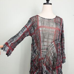 Mesh Top S Red Black Y2K Vintage Whimsigoth Comfy Loose Sheer Plaid Sleeve